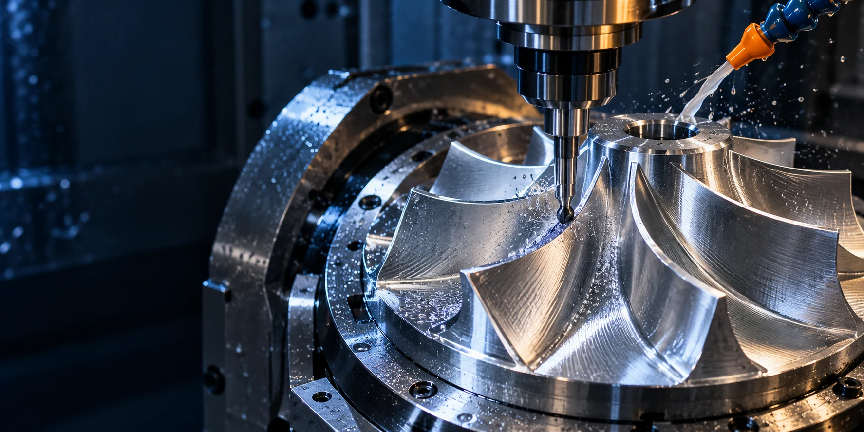 Precision machining visual study showing a cutting tool above an impeller