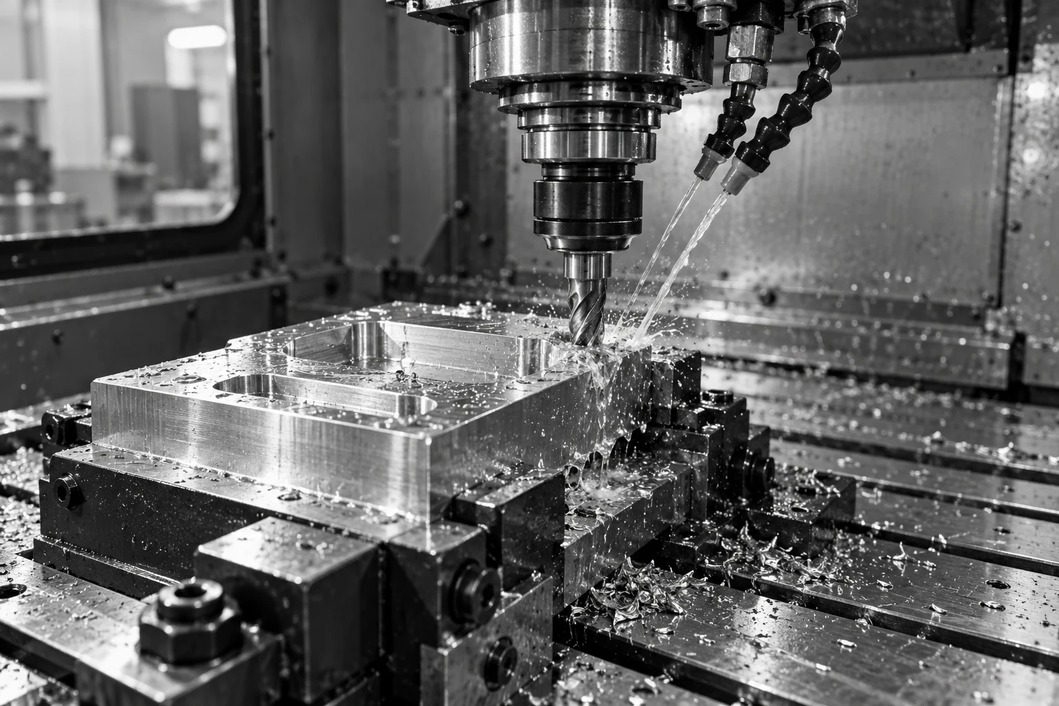 Monochrome machining study showing a milling tool, clamped workpiece and coolant