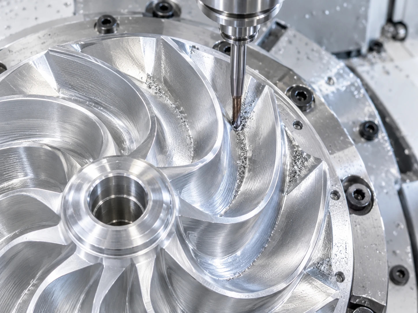 Overhead visual study of an impeller and its machining fixture