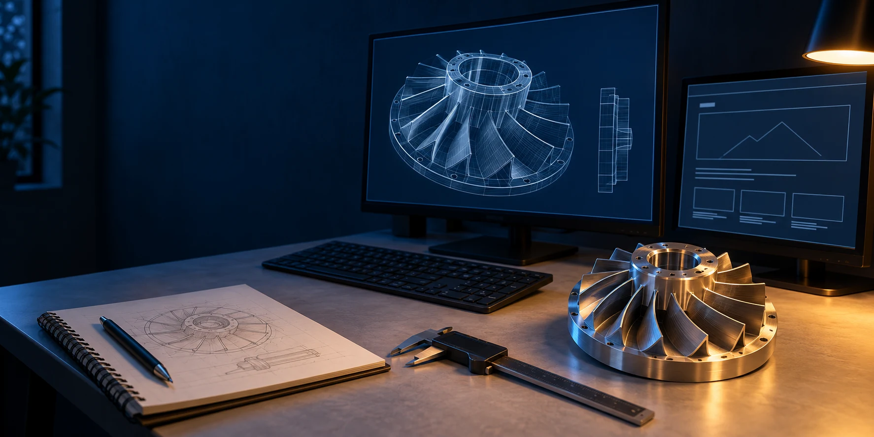 Engineering design workspace with CAD, a notebook and a machined component
