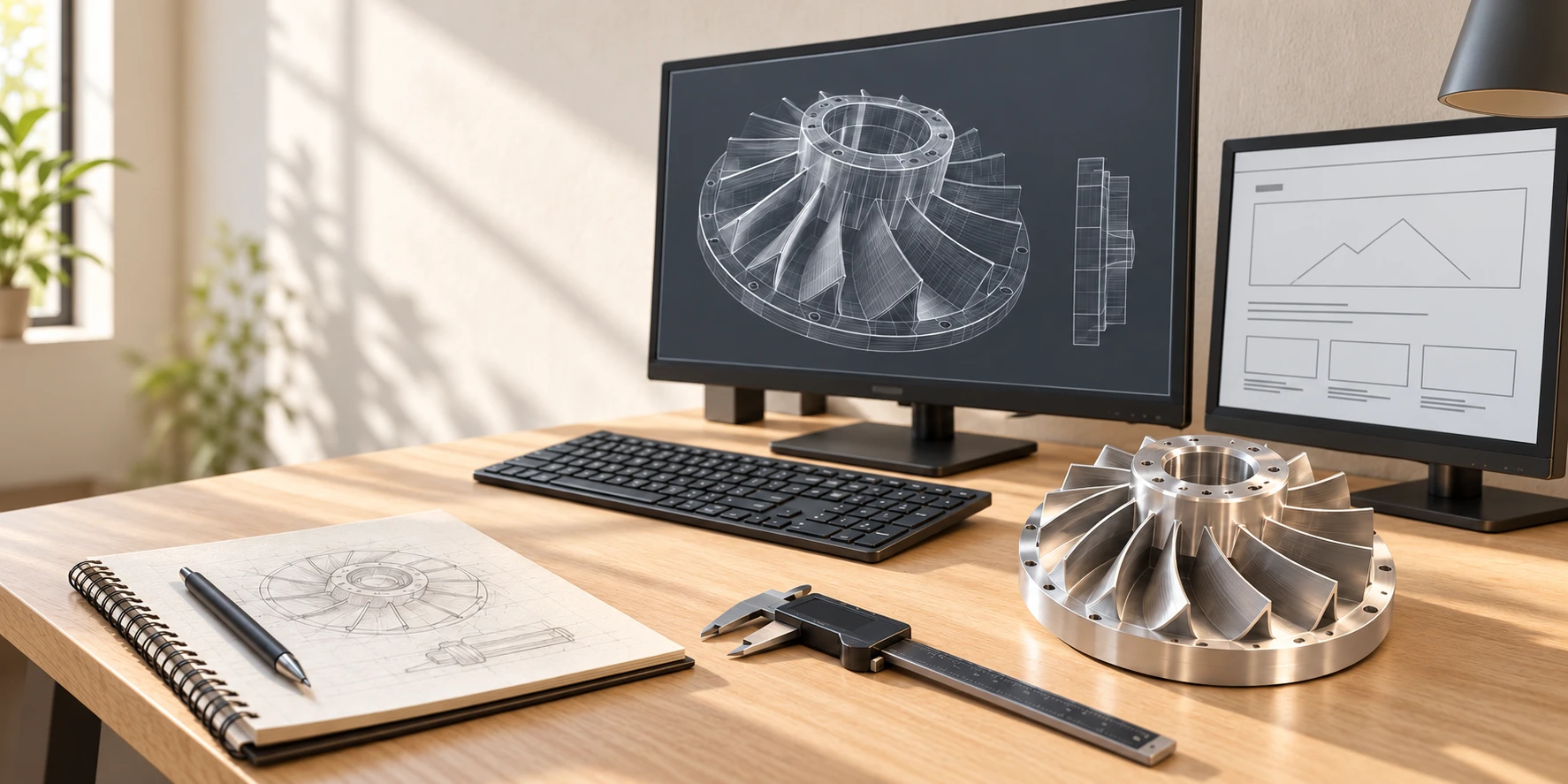 Daylit design workspace with a CAD study, digital page layouts, sketches and a machined impeller