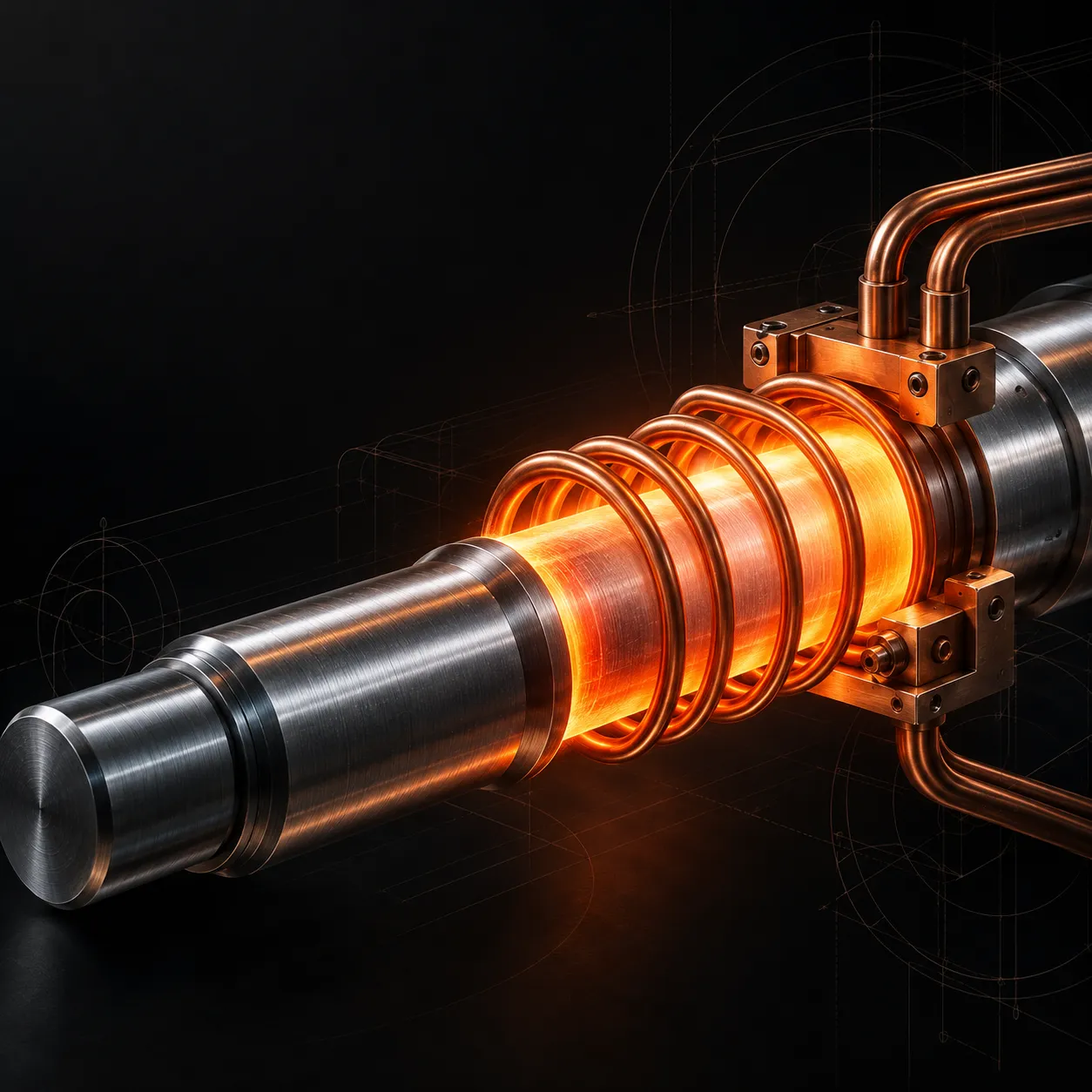Illustrative induction-heating study with a copper coil and illuminated shaft