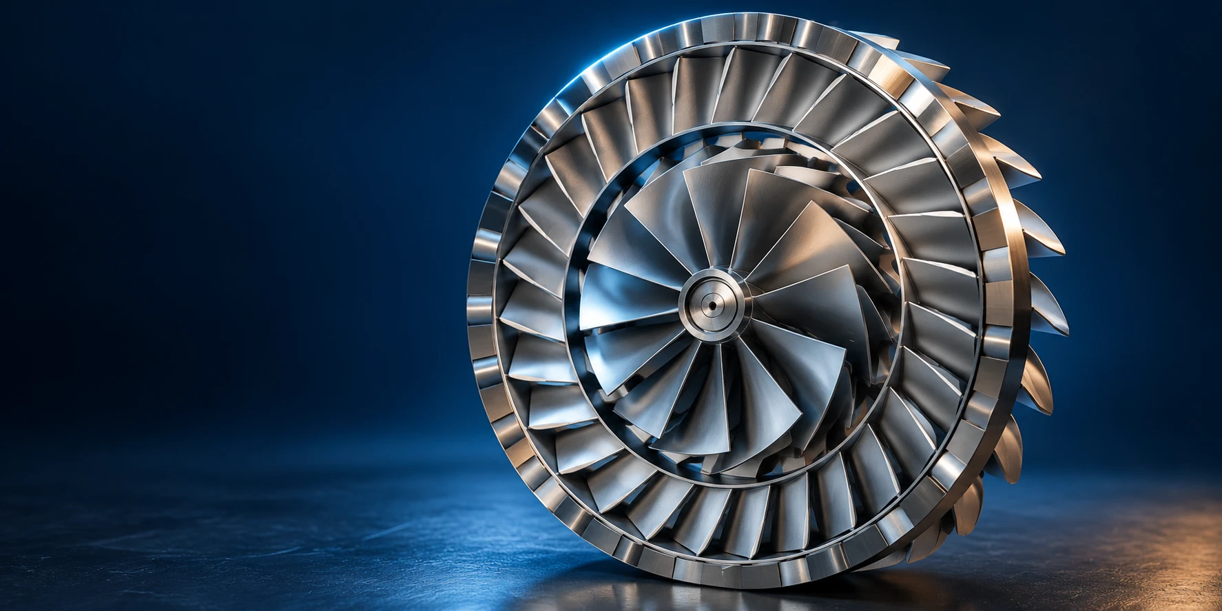 Metallic rotor and stator concept with crisp blue rim light and warm highlights