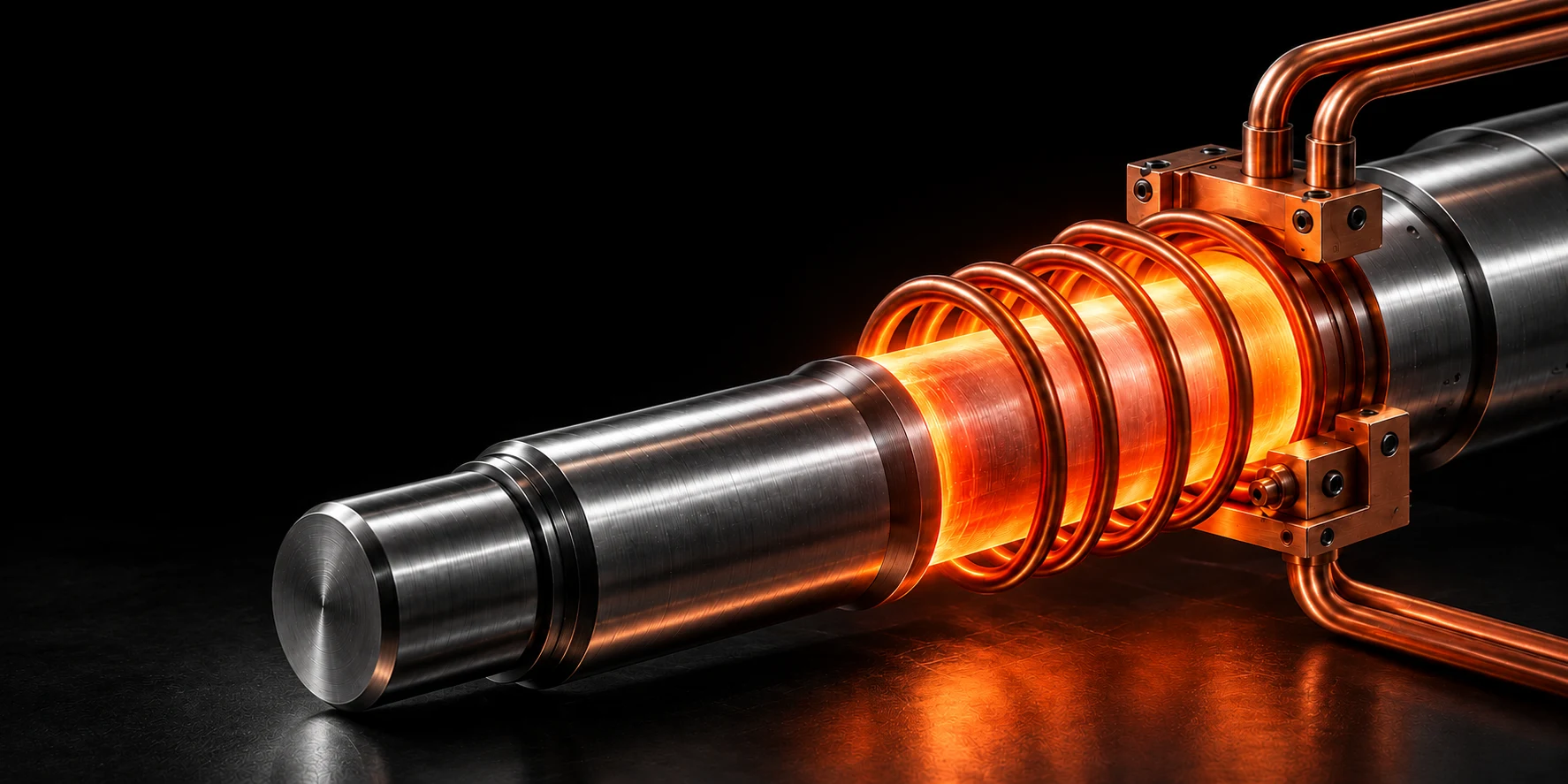Copper coil surrounding a heated steel shaft, with a warm orange thermal glow on black