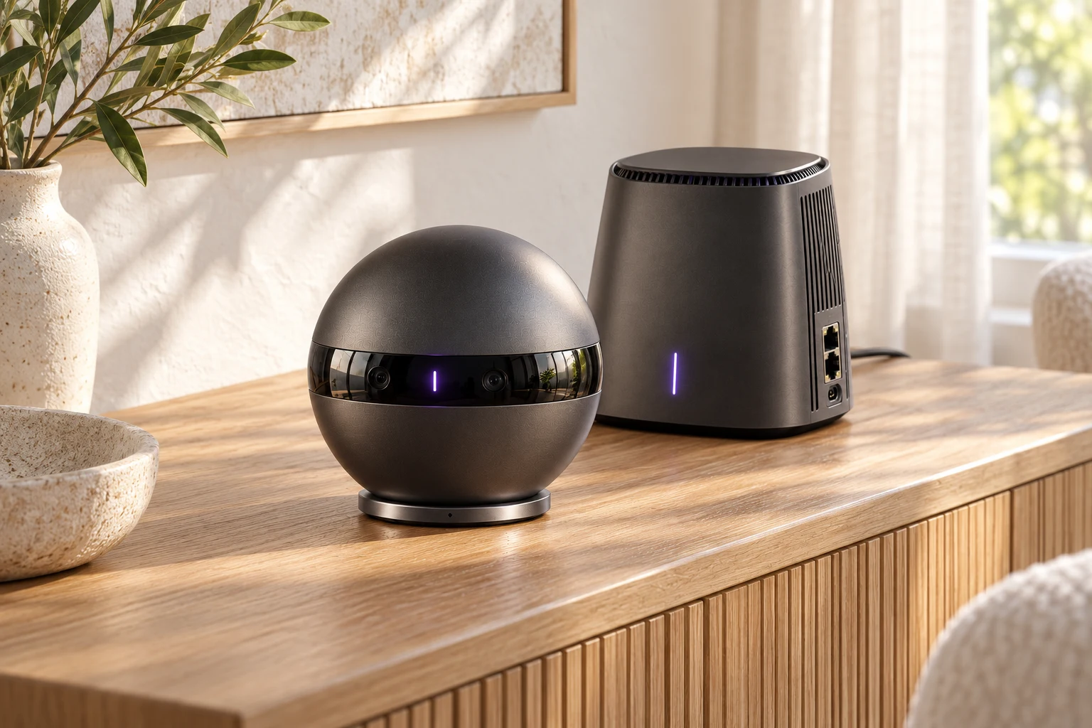 Daylight concept of the graphite Orb sphere and router-inspired local brain on a light wood surface.