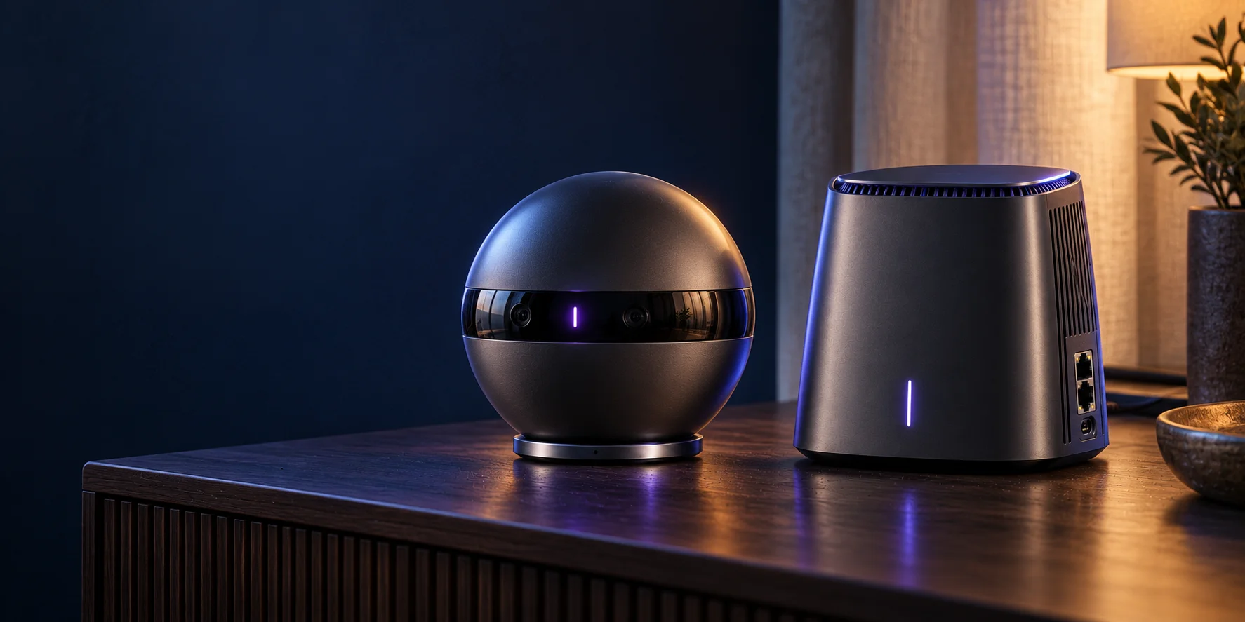 Orb concept: a graphite sphere with an optical band and subtle violet indicator beside an upright local hub.