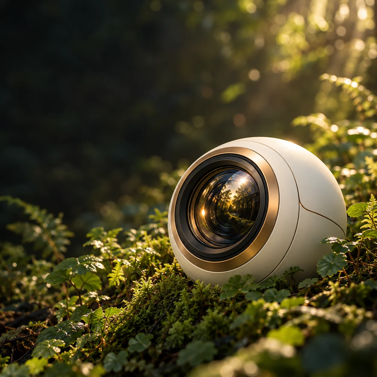 Early spherical-device visual study resting in a mossy forest setting