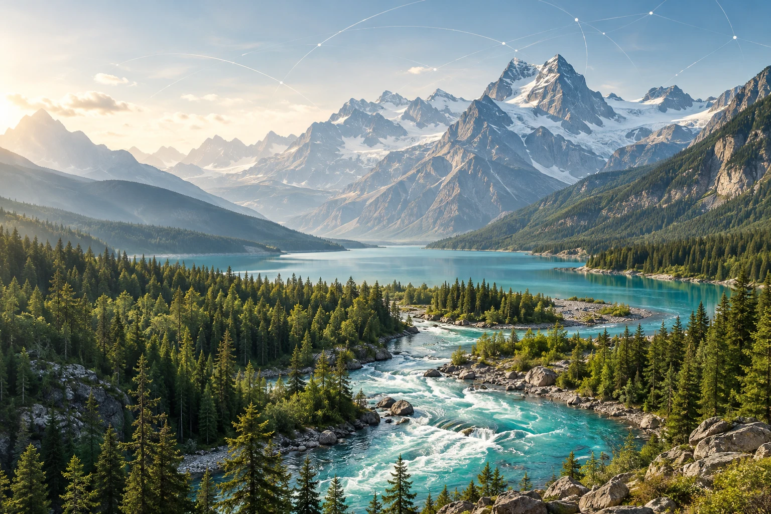 Mountain valley with forest, clear water and layered peaks