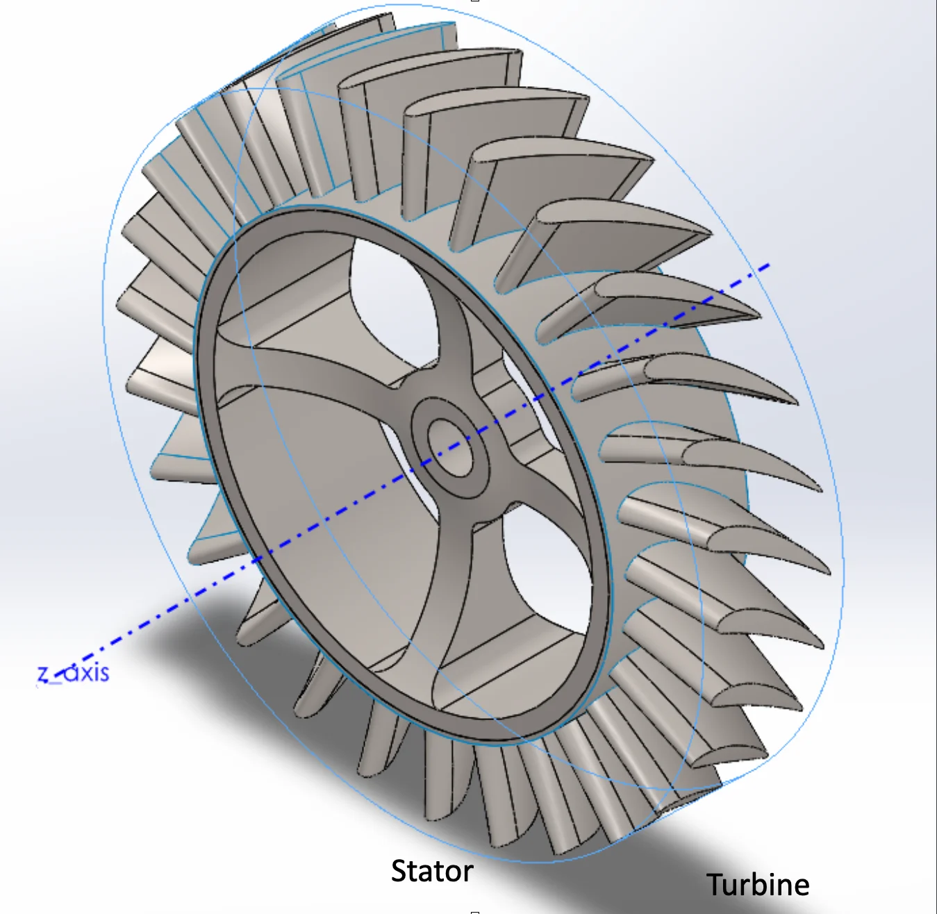 Founder-supplied stator and turbine CAD screenshot with the original axis and part labels