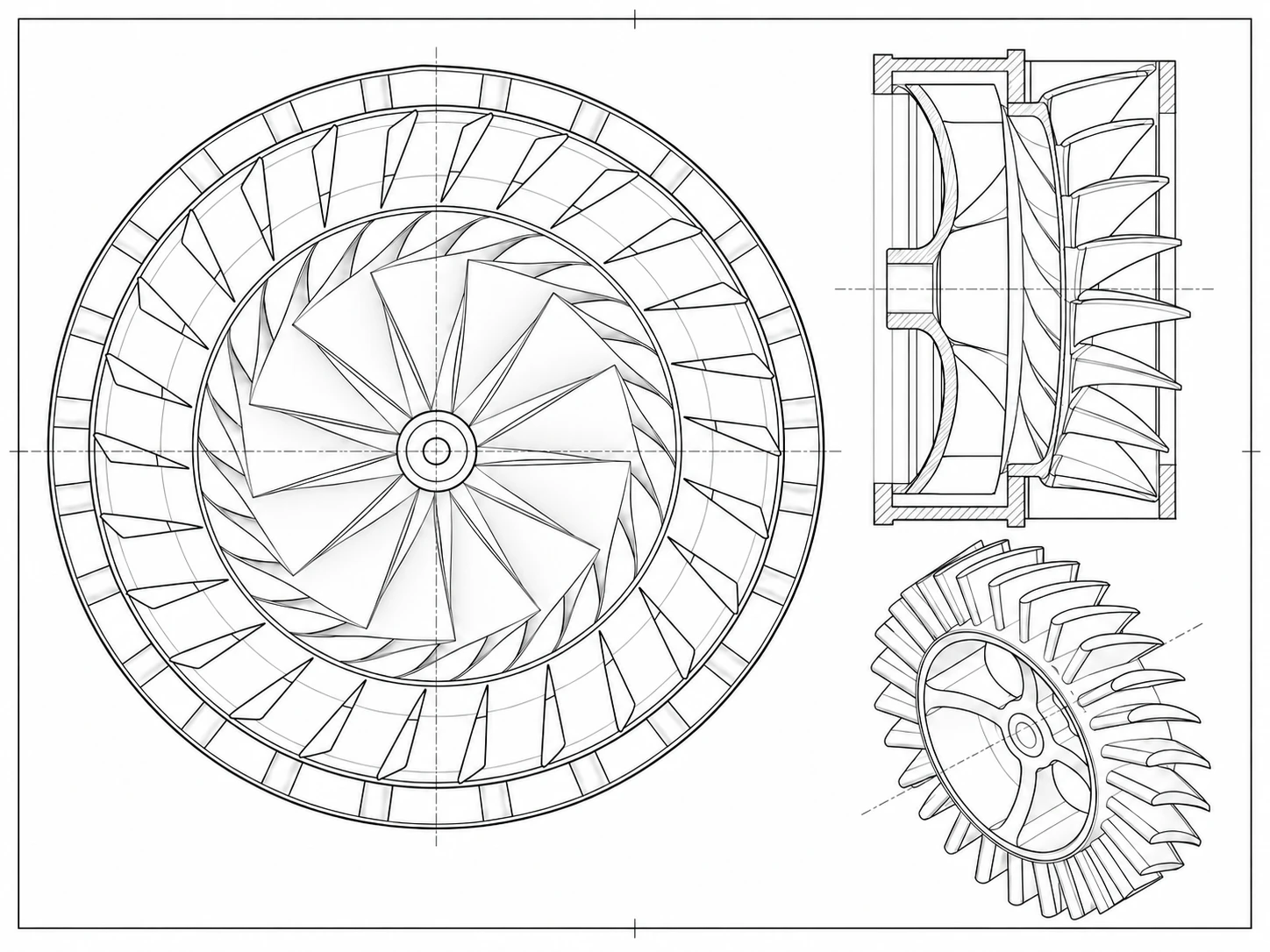 Fine-line concept geometry showing front, section and isometric views of a turbine stage