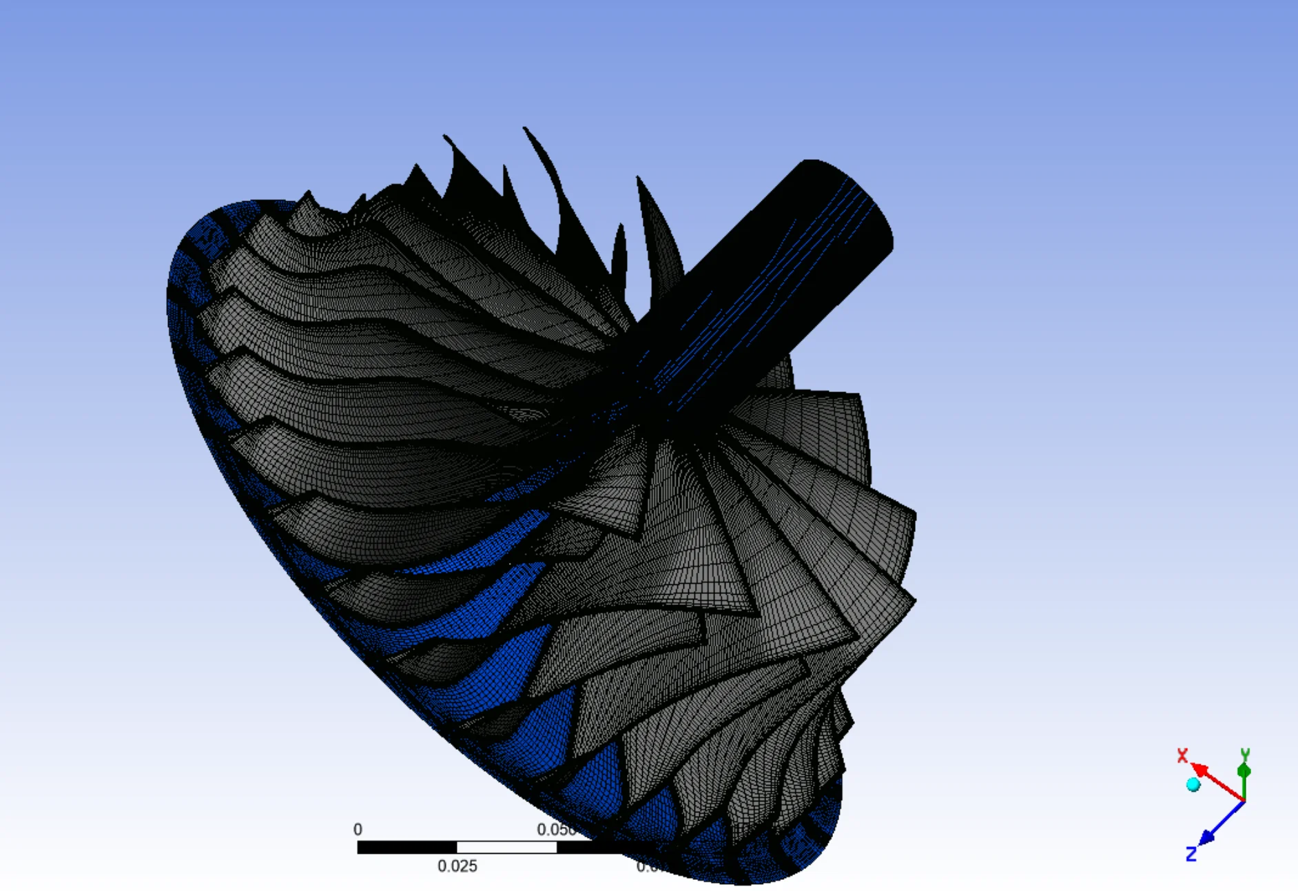 Founder-supplied Ansys turbine mesh screenshot with its original scale and coordinate axes