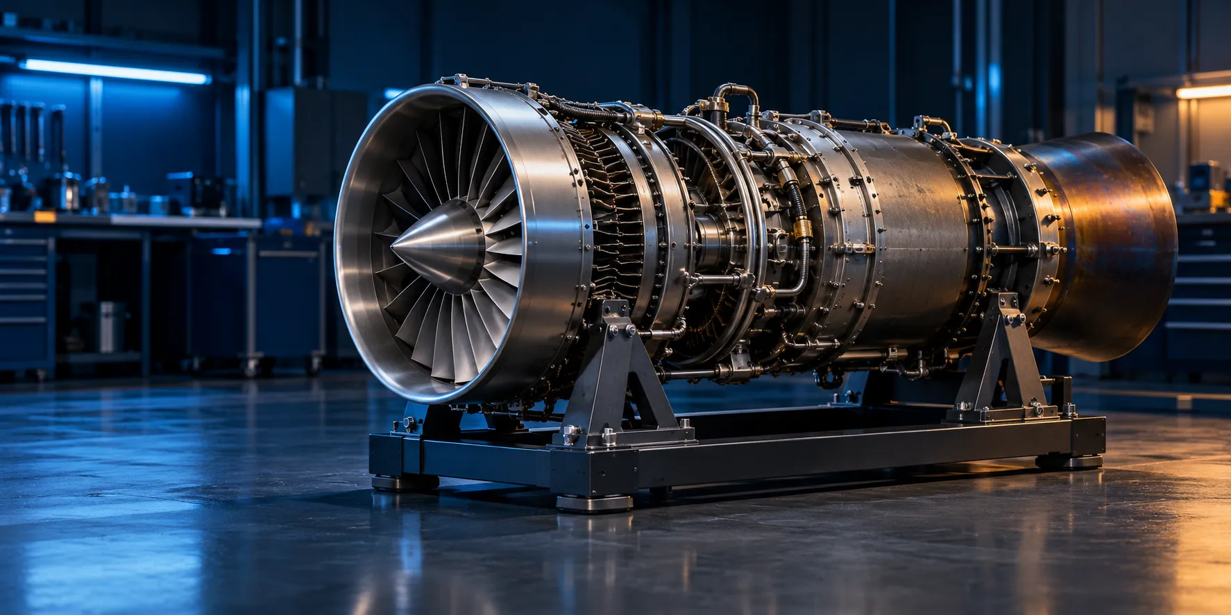 Detailed turbojet assembly visual study on an engineering stand